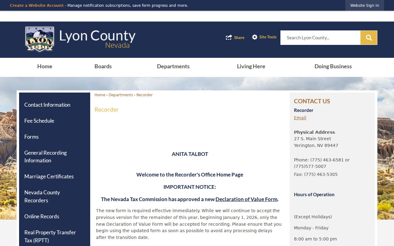 Fernley people search view of the Lyon County Recorder records page