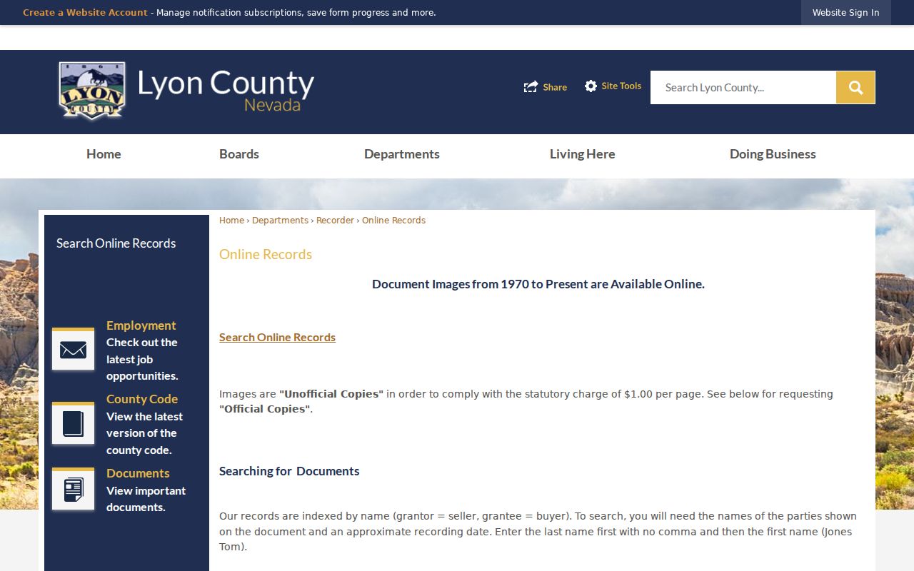 Fernley people search instructions for Lyon County Recorder online records