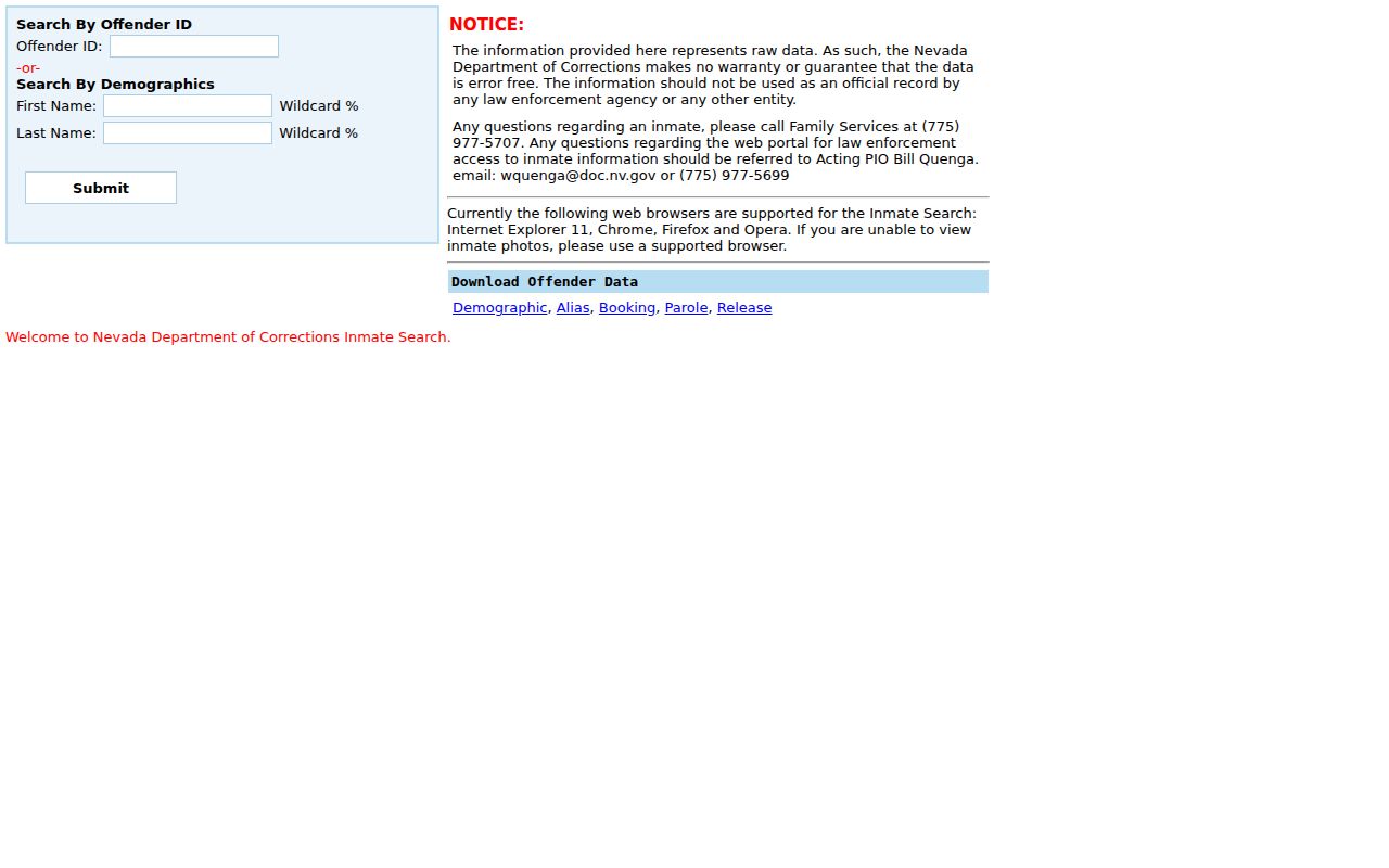 Fernley people search options in the Nevada inmate records form