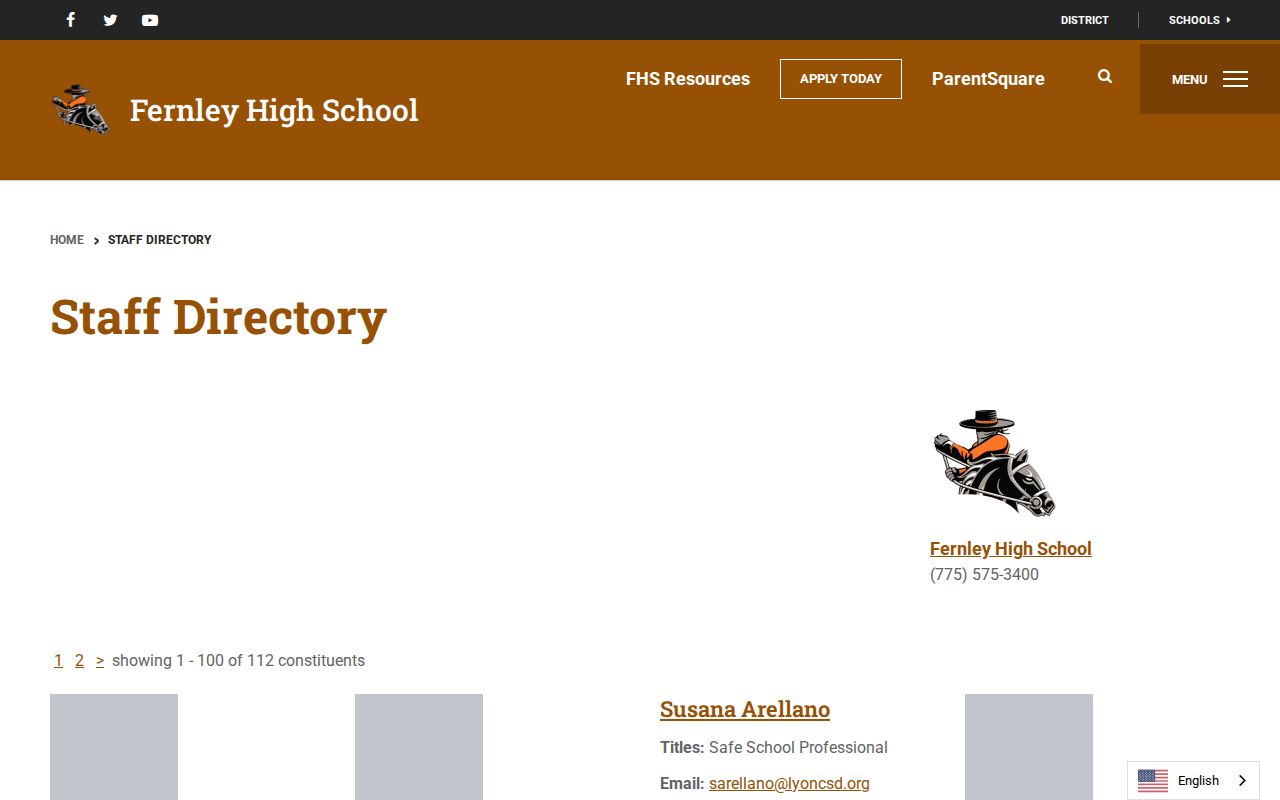 Fernley directory showing Fernley High School staff entries