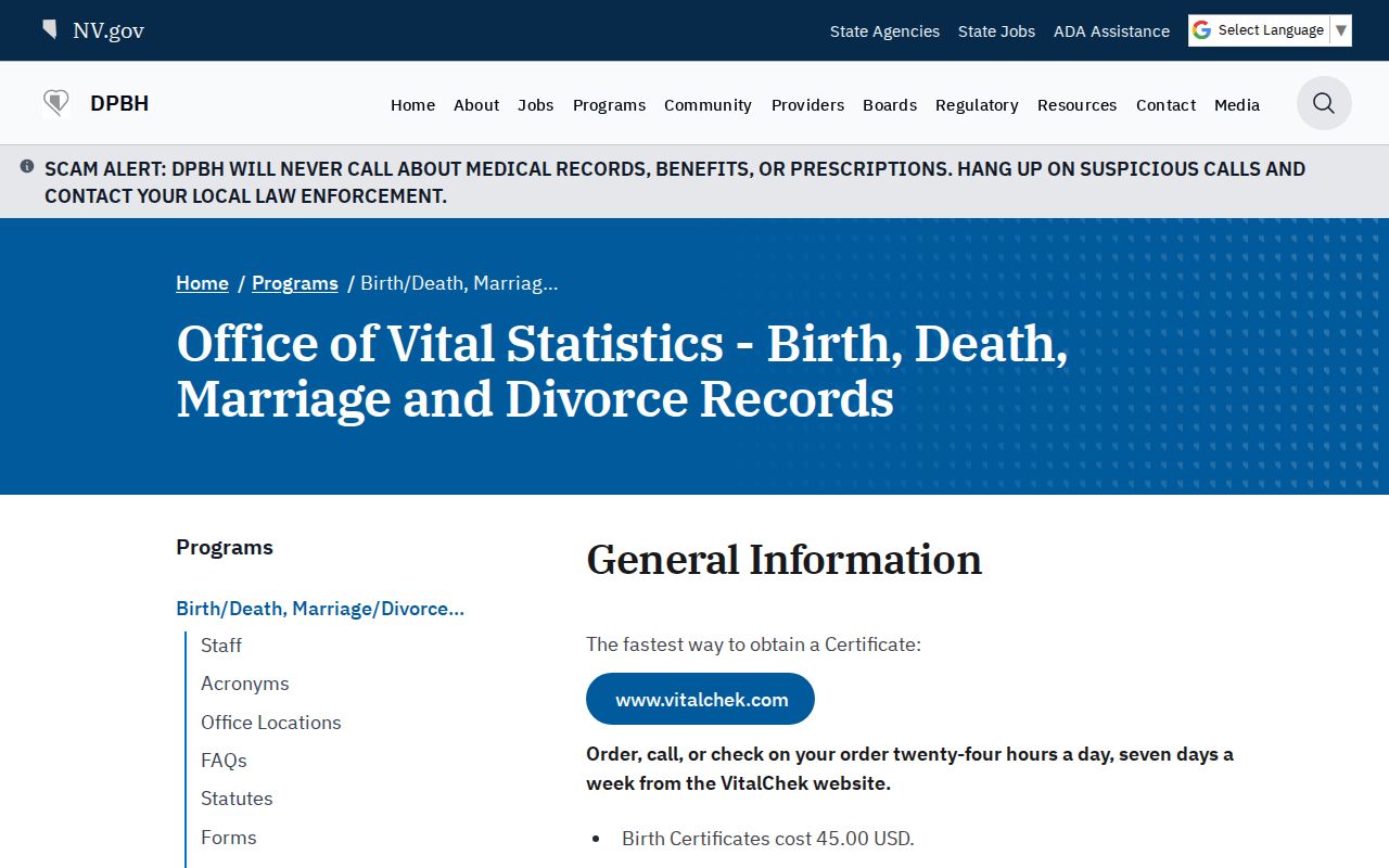 Fernley public records vital certificate ordering page
